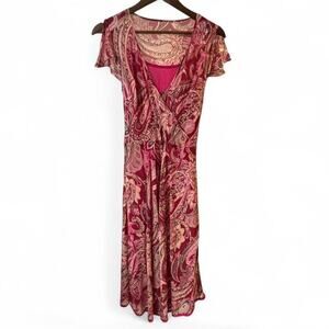 Y2k pink silk flowy midi dress with paisley print